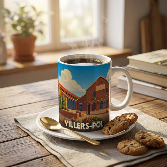 Mug souvenir de la ville de Villers-Pol avec une illustration stylisée.