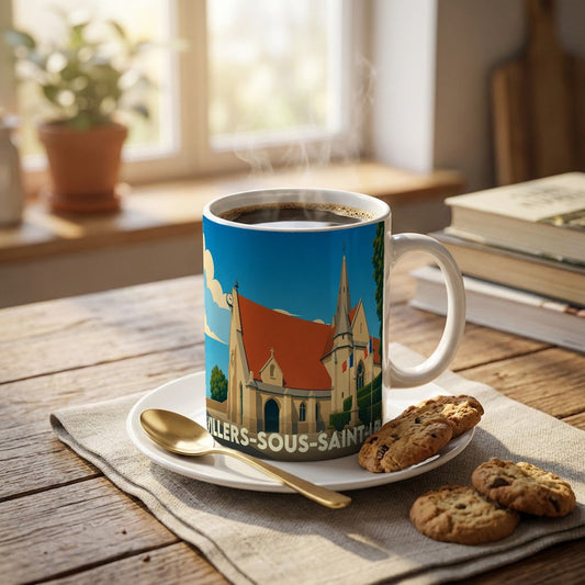 Mug souvenir de la ville de Villers-sous-Saint-Leu illustré par un dessin stylisé de son église.
