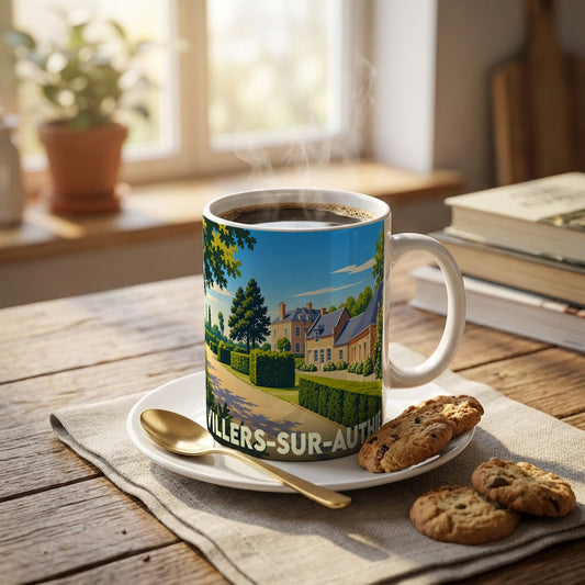 Mug souvenir de la ville de Villers-sur-Authie avec une illustration stylisée.