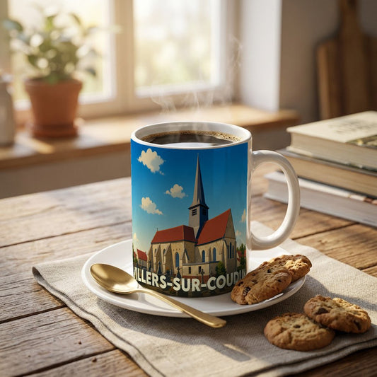 Mug souvenir de la ville de Villers-sur-Coudun illustré d'une église sous un ciel bleu.