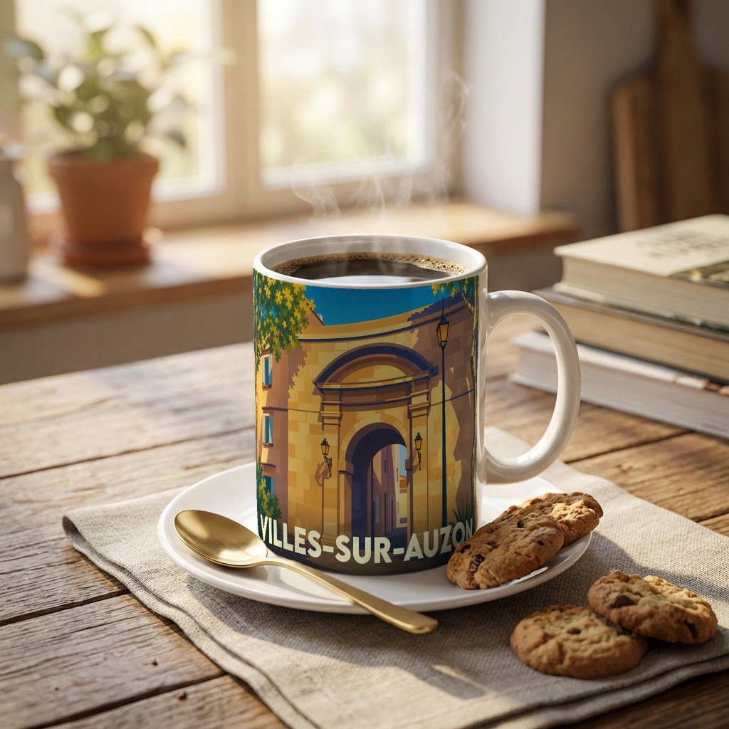 Mug souvenir de la ville de Villes-sur-Auzon avec une illustration stylisée d'un portail historique.