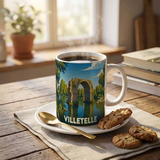 Mug souvenir de la ville de Villetelle illustré d'un pont antique au bord de l'eau.