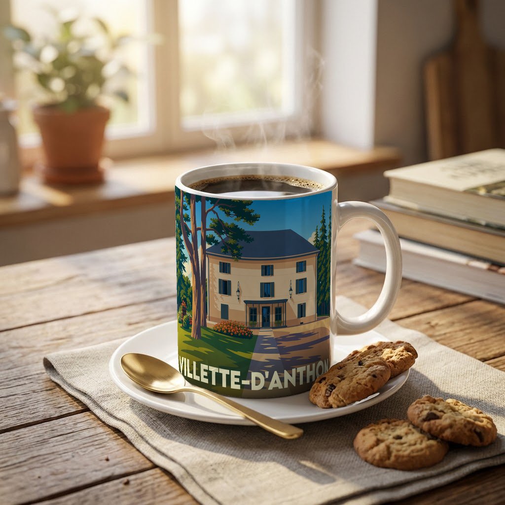 Mug souvenir de la ville de Villette-d'Anthon avec une illustration stylisée d'une bâtisse.