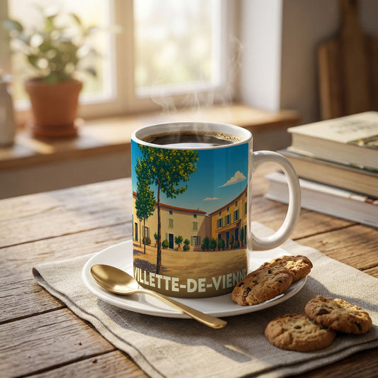 Mug souvenir de la ville de Villette-de-Vienne avec une illustration stylisée.