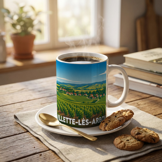 Mug souvenir de la ville de Villette-lès-Arbois avec une illustration stylisée de son paysage de vignobles.
