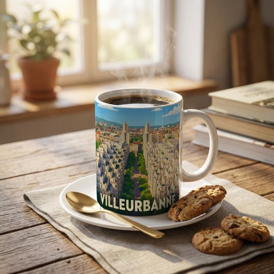 Mug souvenir de la ville de Villeurbanne avec une illustration stylisée de son quartier des Gratte-Ciel.