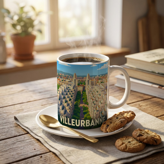 Mug souvenir de la ville de Villeurbanne avec une illustration stylisée de son quartier des Gratte-Ciel.