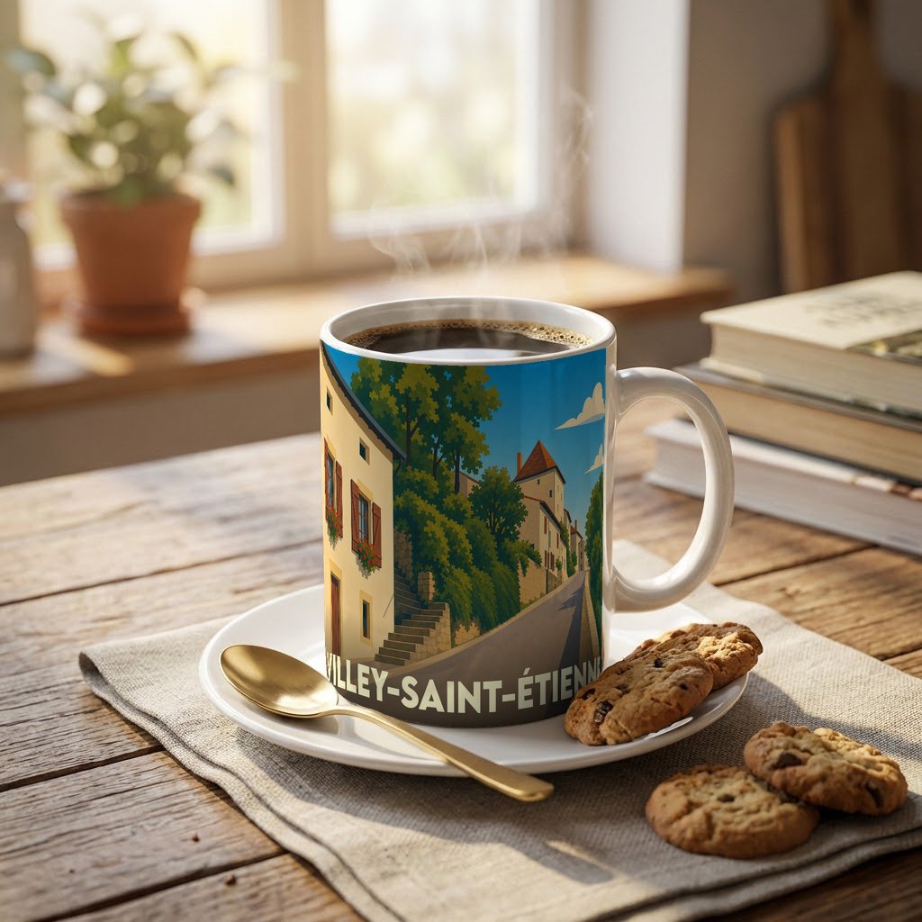 Mug souvenir de la ville de Villey-Saint-Étienne orné d'une illustration stylisée de ses rues et maisons.
