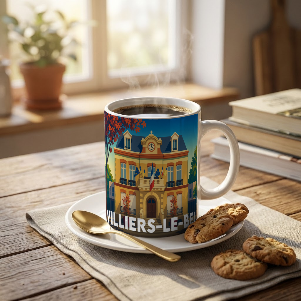 Mug souvenir de la ville de Villiers-le-Bel avec une illustration stylisée.