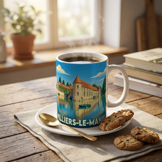 Mug souvenir de Villiers-le-Mahieu arborant une illustration stylisée de son château bordé d'eau.