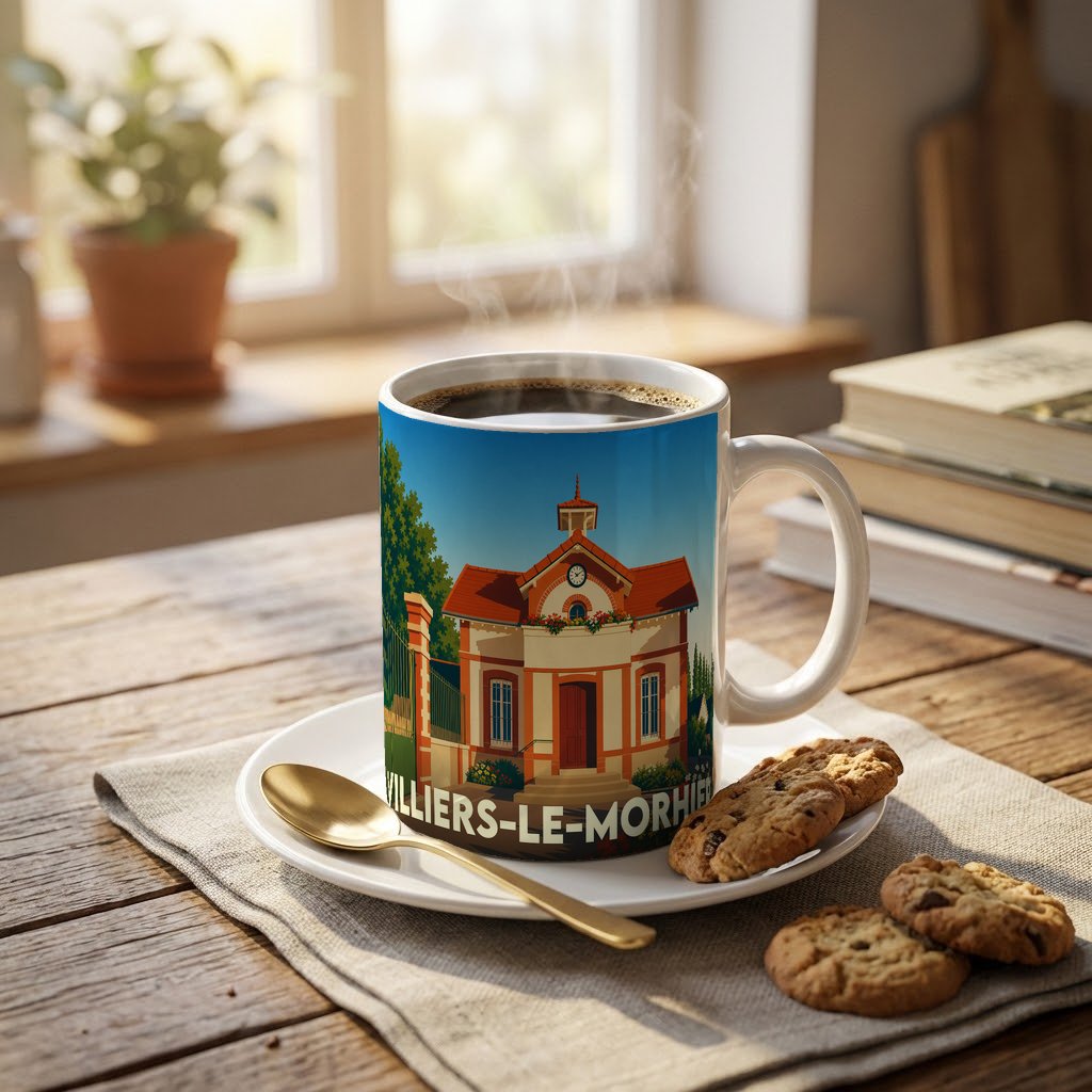 Mug souvenir de la ville de Villiers-le-Morhier avec une illustration stylisée.