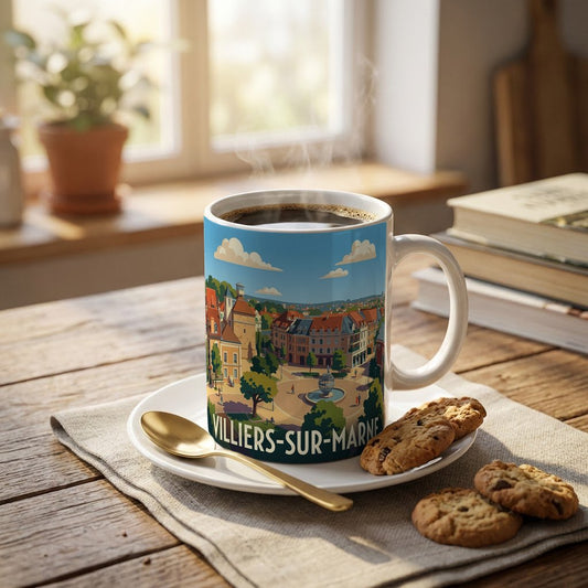Mug souvenir de la ville de Villiers-sur-Marne avec une illustration stylisée.