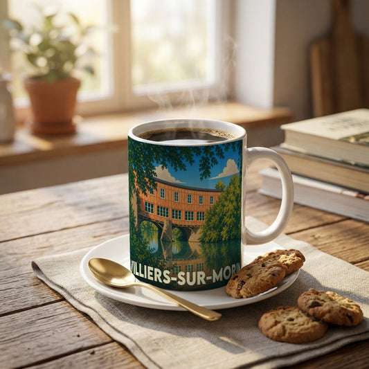 Mug souvenir de la ville de Villiers-sur-Morin orné d'une illustration stylisée de son célèbre moulin sur la rivière.