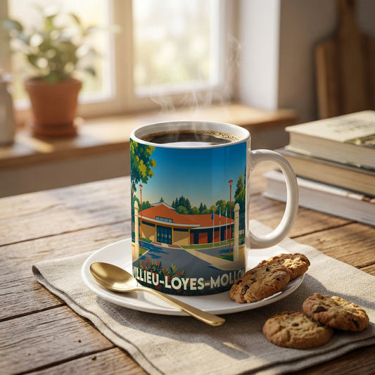 Mug souvenir de la ville de Villieu-Loyes-Mollon avec une illustration stylisée.