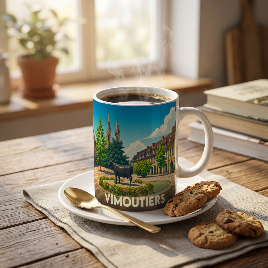 Mug souvenir de la ville de Vimoutiers avec une illustration stylisée représentant une statue de vache et l'architecture locale.