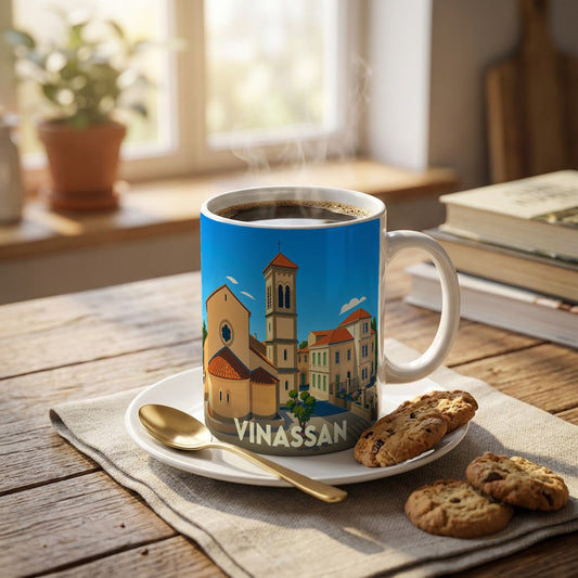 Mug souvenir de la ville de Vinassan avec une illustration stylisée d'une église et de bâtiments locaux.