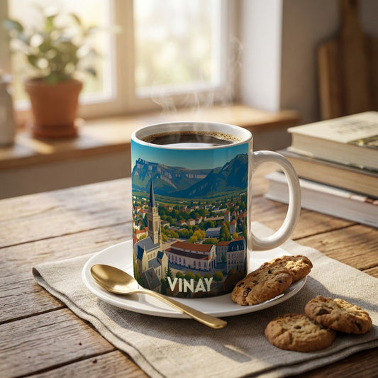 Mug souvenir de la ville de Vinay orné d'une illustration stylisée de son paysage et de ses montagnes.