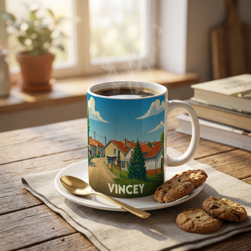 Mug souvenir de la ville de Vincey avec une illustration stylisée de ses maisons.