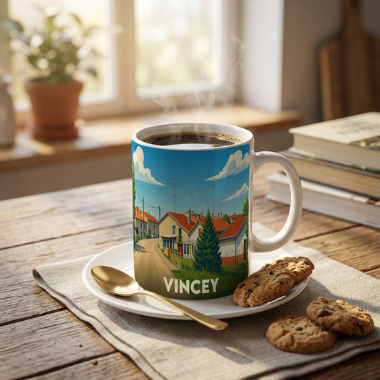 Mug souvenir de la ville de Vincey avec une illustration stylisée de ses maisons.