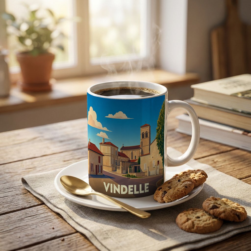 Mug souvenir de la ville de Vindelle avec une illustration stylisée d'un paysage urbain.