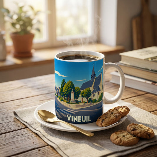 Mug souvenir de la ville de Vineuil orné d'une illustration stylisée de son église et de sa place principale.