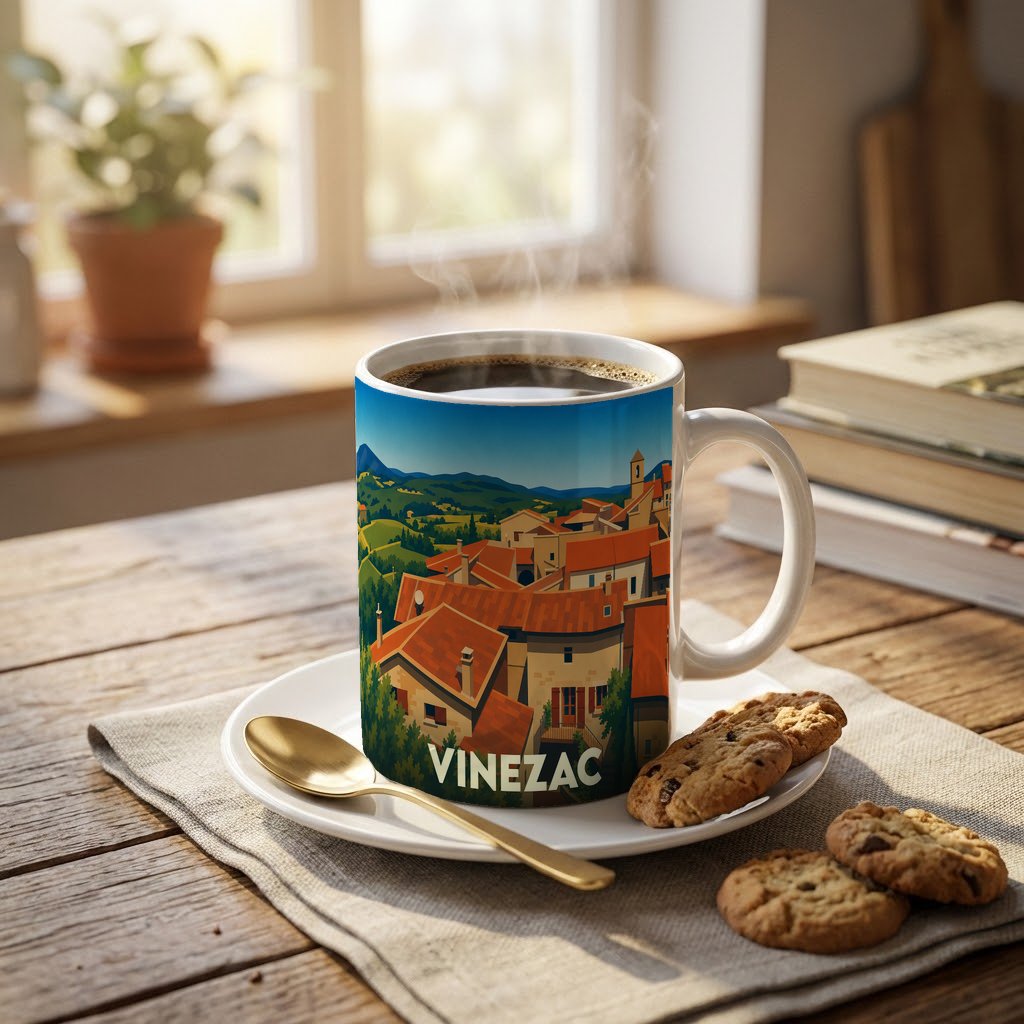 Mug souvenir de la ville de Vinezac avec une illustration stylisée de ses toits provençaux.