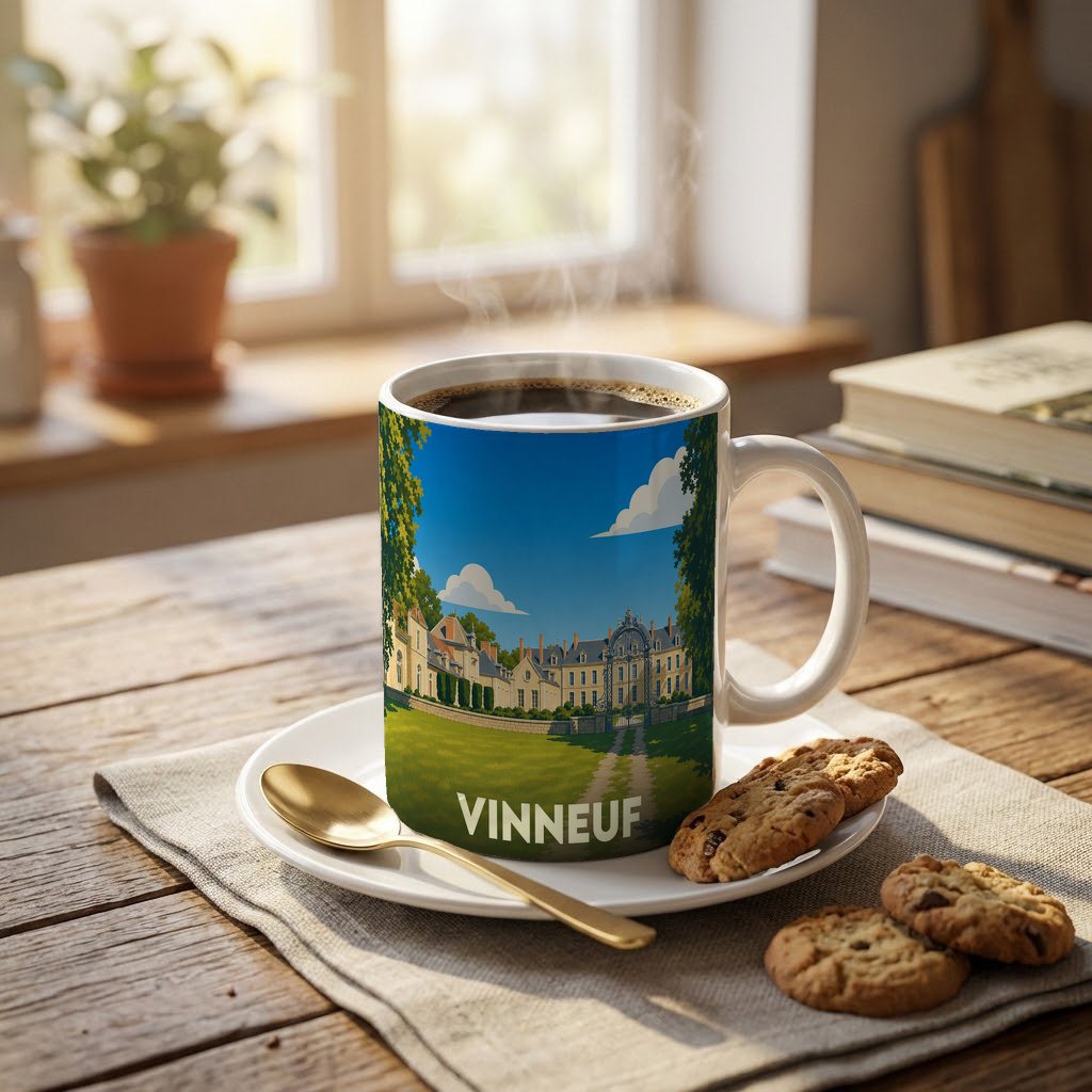 Mug souvenir de la ville de Vinneuf orné d'une illustration stylisée de château et d'un parc verdoyant.