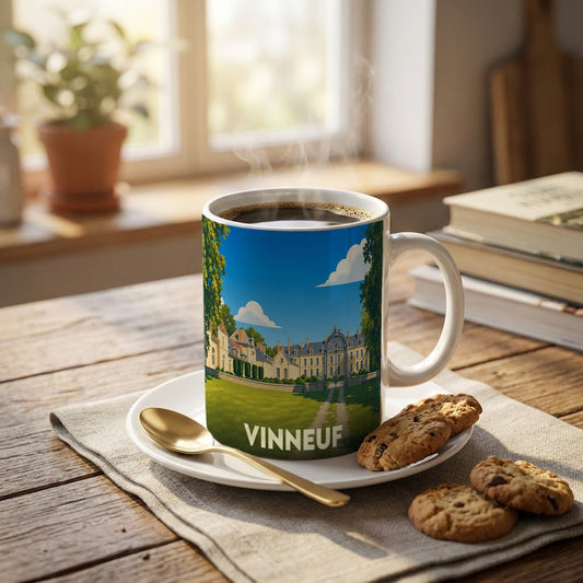 Mug souvenir de la ville de Vinneuf orné d'une illustration stylisée de château et d'un parc verdoyant.