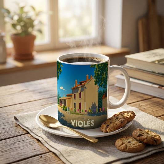 Mug souvenir de la ville de Violès avec une illustration stylisée représentant une maison provençale.