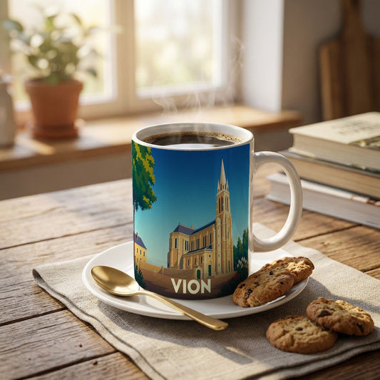Mug souvenir de la ville de Vion orné d'une illustration stylisée de son église.