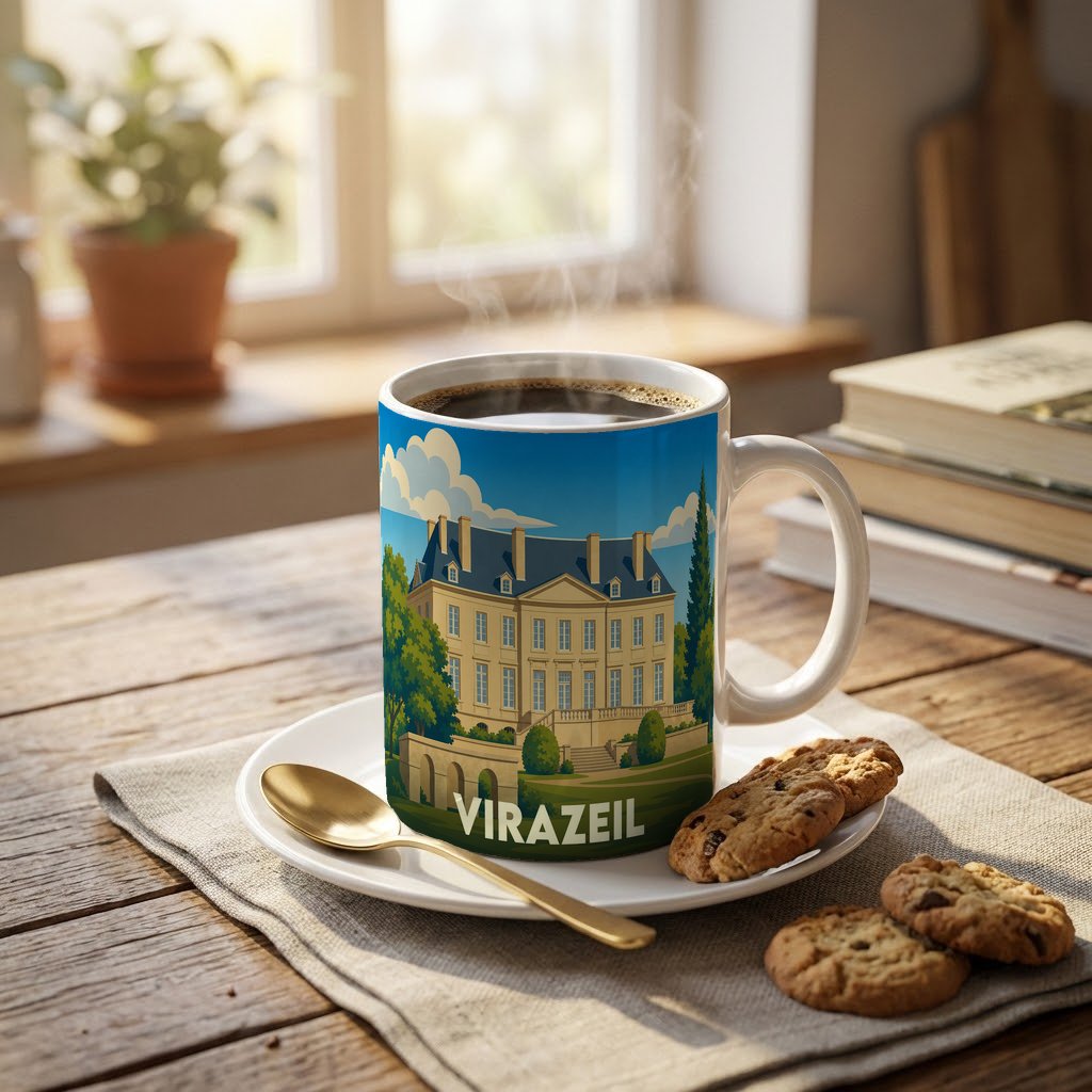 Mug souvenir de la ville de Virazeil orné d'une illustration stylisée de son château.