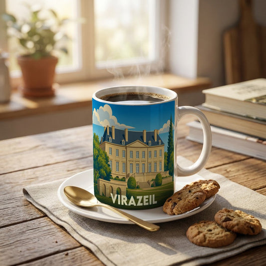Mug souvenir de la ville de Virazeil orné d'une illustration stylisée de son château.
