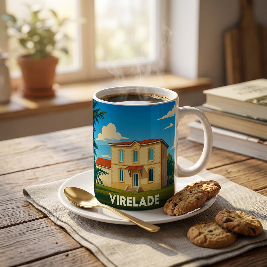 Mug souvenir de la ville de Virelade avec une illustration stylisée d'une maison de maître girondine.