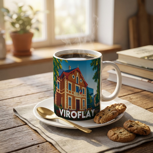 Mug souvenir de la ville de Viroflay avec une illustration stylisée d'un bâtiment de caractère.