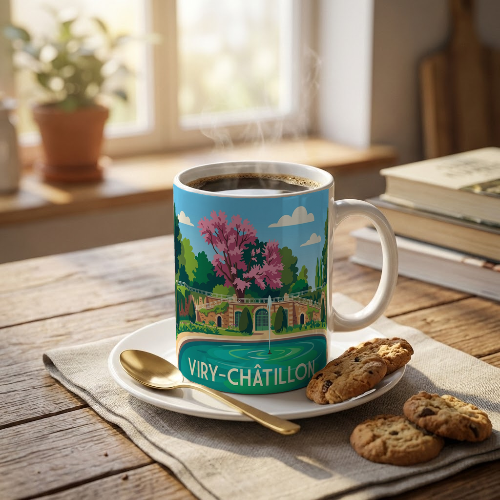 Mug souvenir de la ville de Viry-Châtillon avec une illustration stylisée et colorée d'un parc.