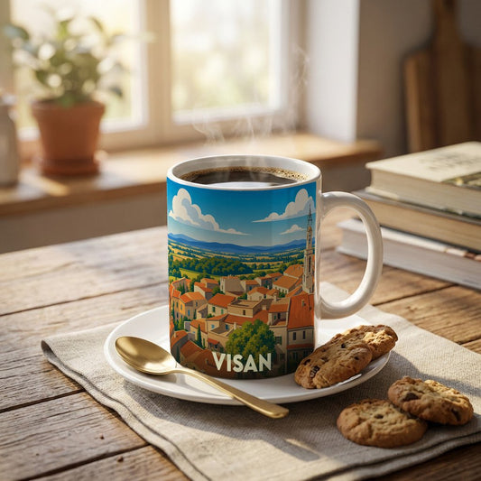 Mug souvenir de la ville de Visan orné d'une illustration stylisée de son paysage urbain et de sa campagne.