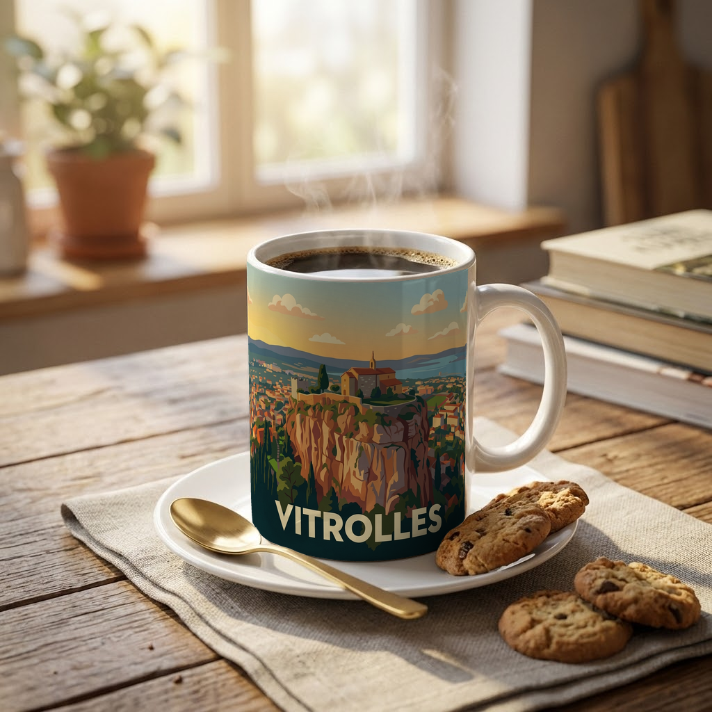 Mug souvenir de la ville de Vitrolles avec une illustration stylisée.