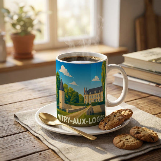 Mug souvenir de la ville de Vitry-aux-Loges avec une illustration stylisée d'un château.