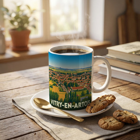 Mug souvenir de la ville de Vitry-en-Artois illustré d'une vue panoramique stylisée.