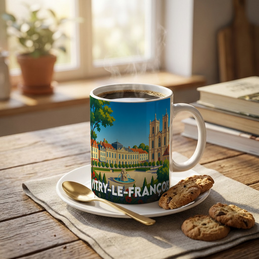 Mug souvenir de la ville de Vitry-le-François avec une illustration stylisée.