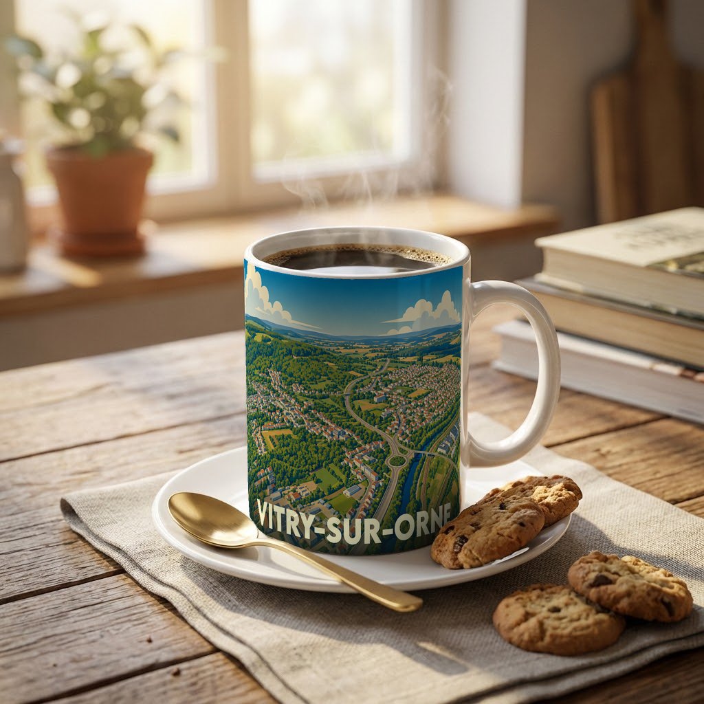 Mug souvenir de la ville de Vitry-sur-Orne orné d'une illustration panoramique stylisée.