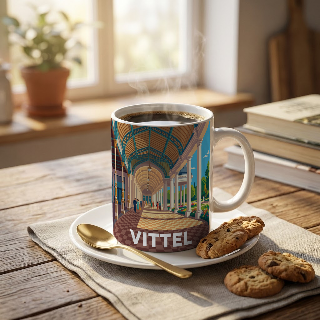 Mug souvenir de la ville de Vittel avec une illustration stylisée.