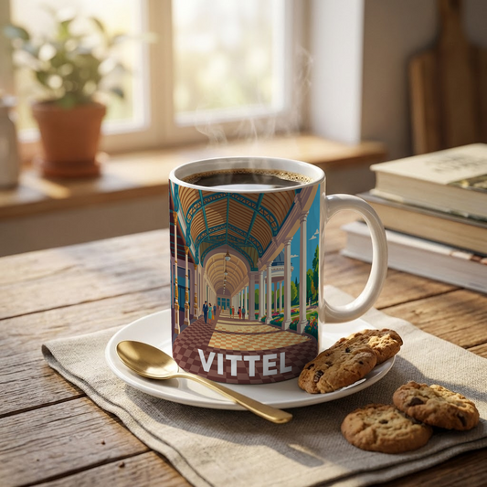 Mug souvenir de la ville de Vittel avec une illustration stylisée.