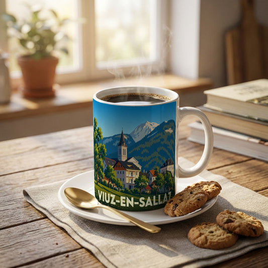 Mug souvenir de la ville de Viuz-en-Sallaz illustré d'un paysage de montagne et d'un clocher.