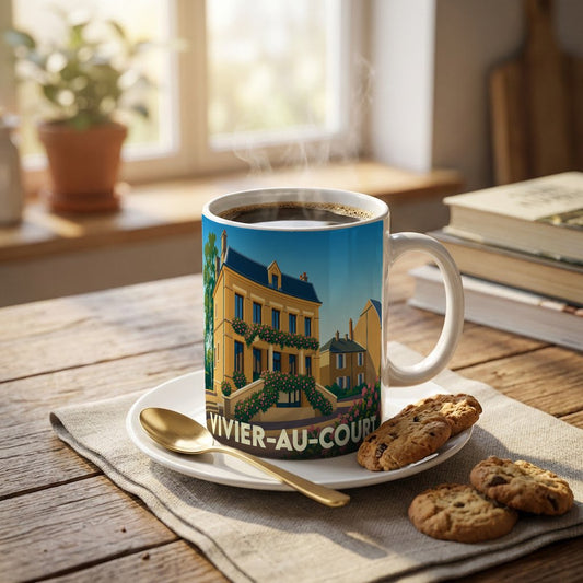 Mug souvenir de la ville de Vivier-au-Court avec une illustration stylisée de bâtiments historiques.