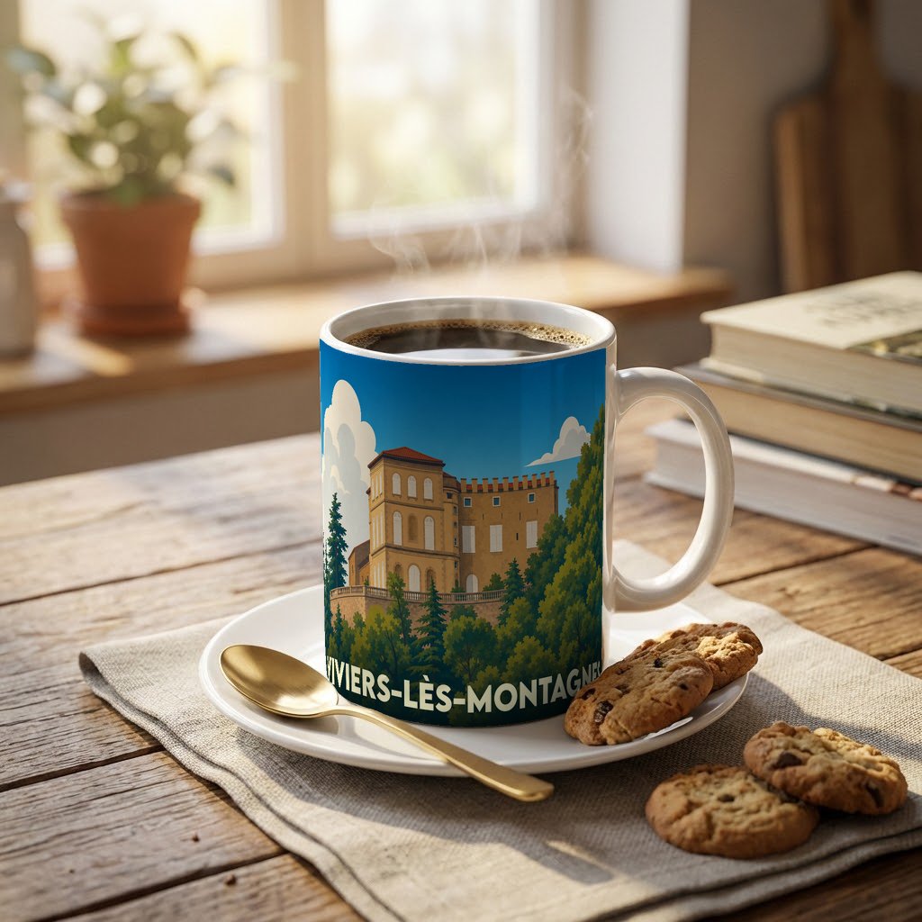 Mug souvenir de la ville de Viviers-lès-Montagnes orné d'une illustration stylisée de son château.