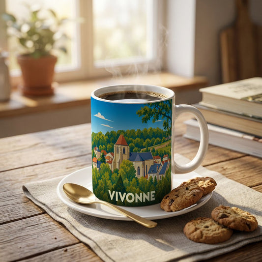Mug souvenir de la ville de Vivonne avec une illustration stylisée d'un paysage urbain verdoyant.