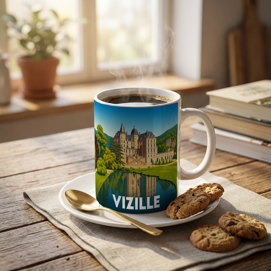 Mug souvenir de la ville de Vizille avec une illustration stylisée du château et de son parc.