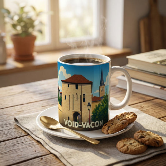 Mug souvenir de la ville de Void-Vacon orné d'une illustration stylisée de son patrimoine architectural.