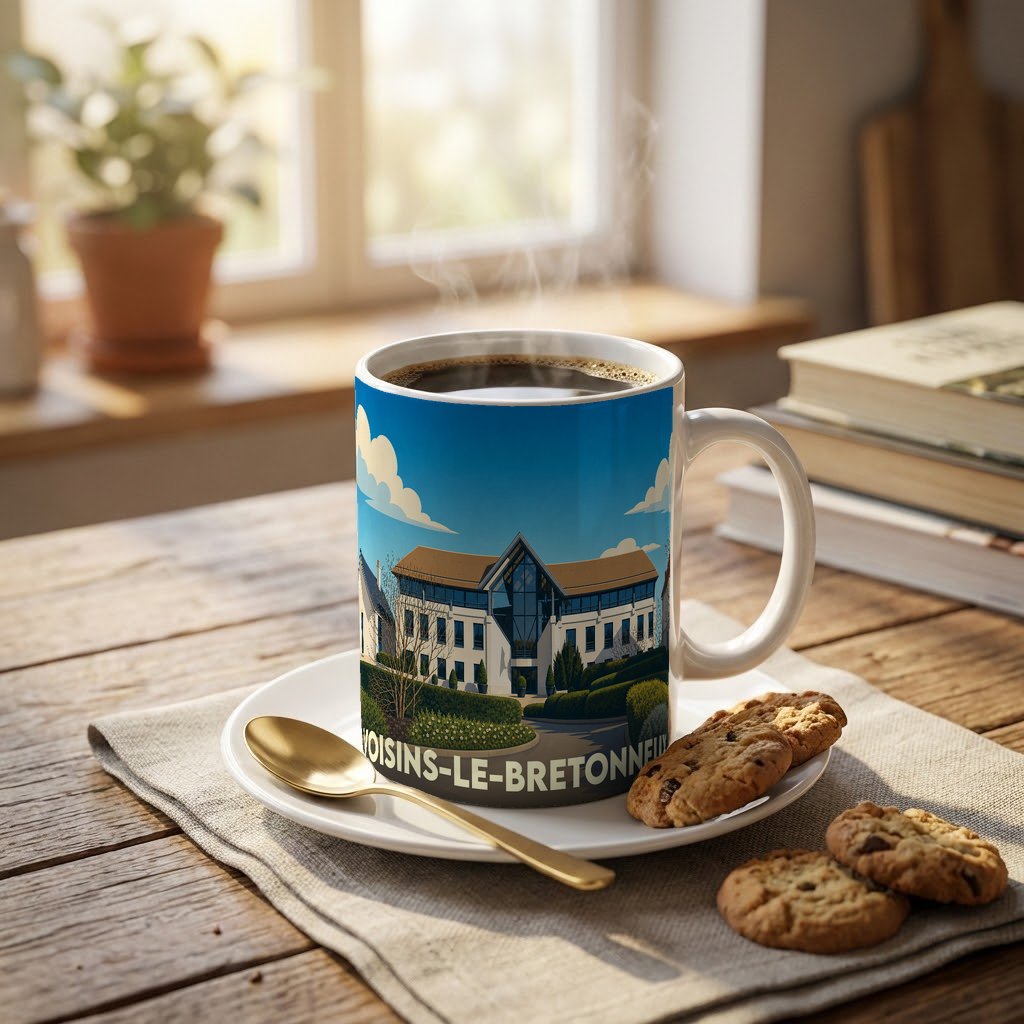 Mug souvenir de la ville de Voisins-le-Bretonneux avec une illustration stylisée de son architecture.